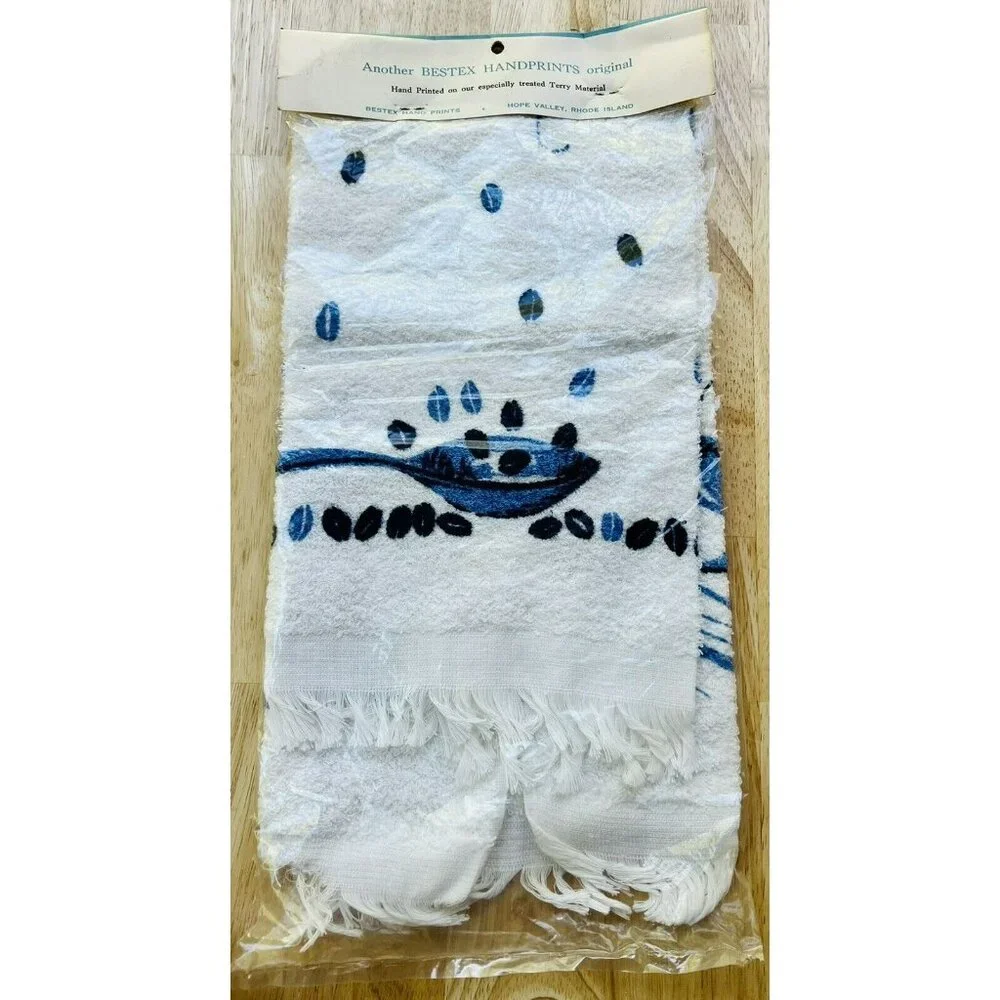 Vintage Hand Printed Kitchen‎ Towel Bestex Blue White Teapot Breakfast USA Made